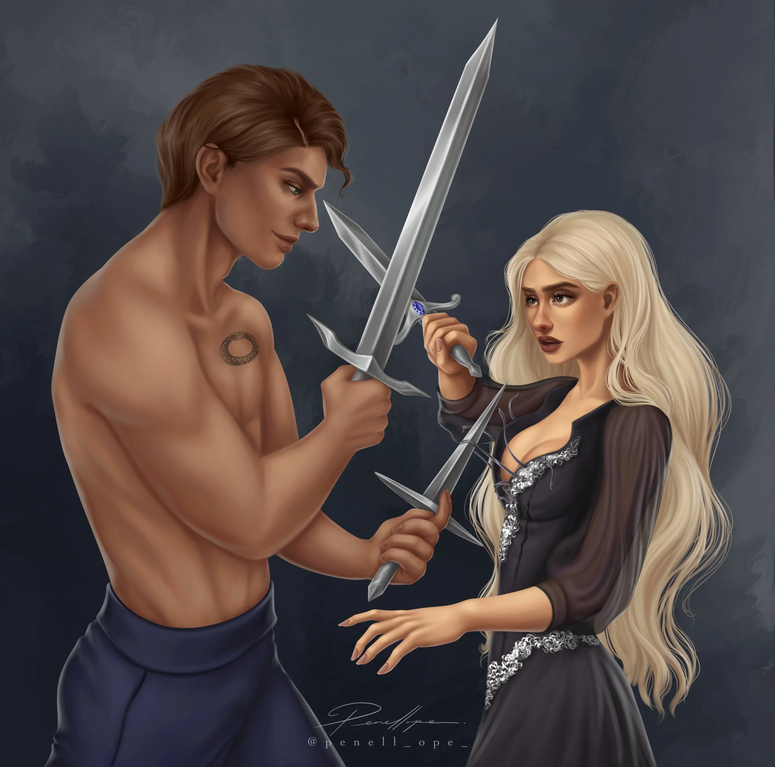 Digital illustration of a shirtless man with tattoos and long hair facing a woman with long blonde hair. They are holding swords in a confrontational stance against a dark, stormy background.