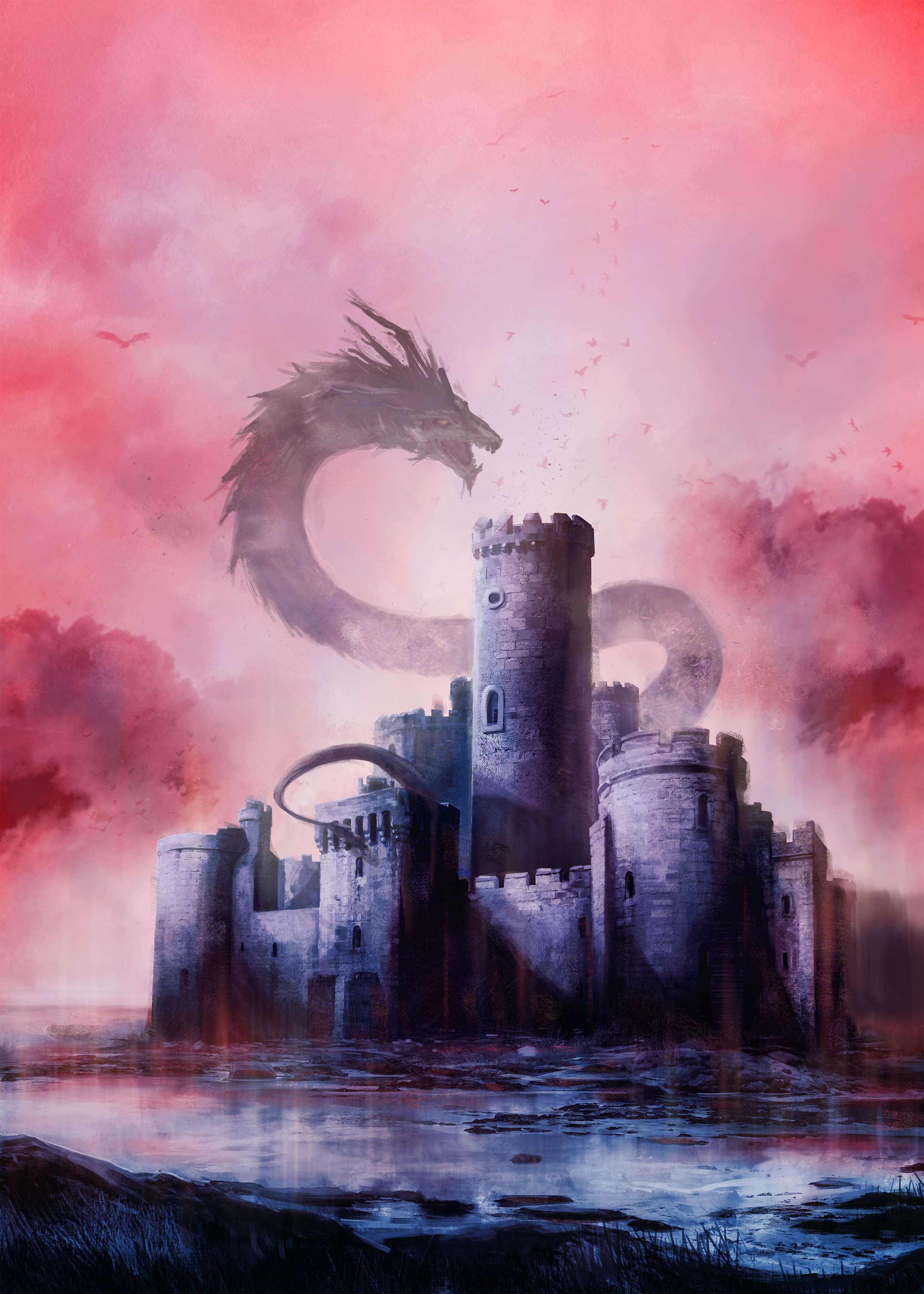 A fantasy-style painting of a large dragon emerging from a castle tower, with a pink and purple sky and birds flying in the background.