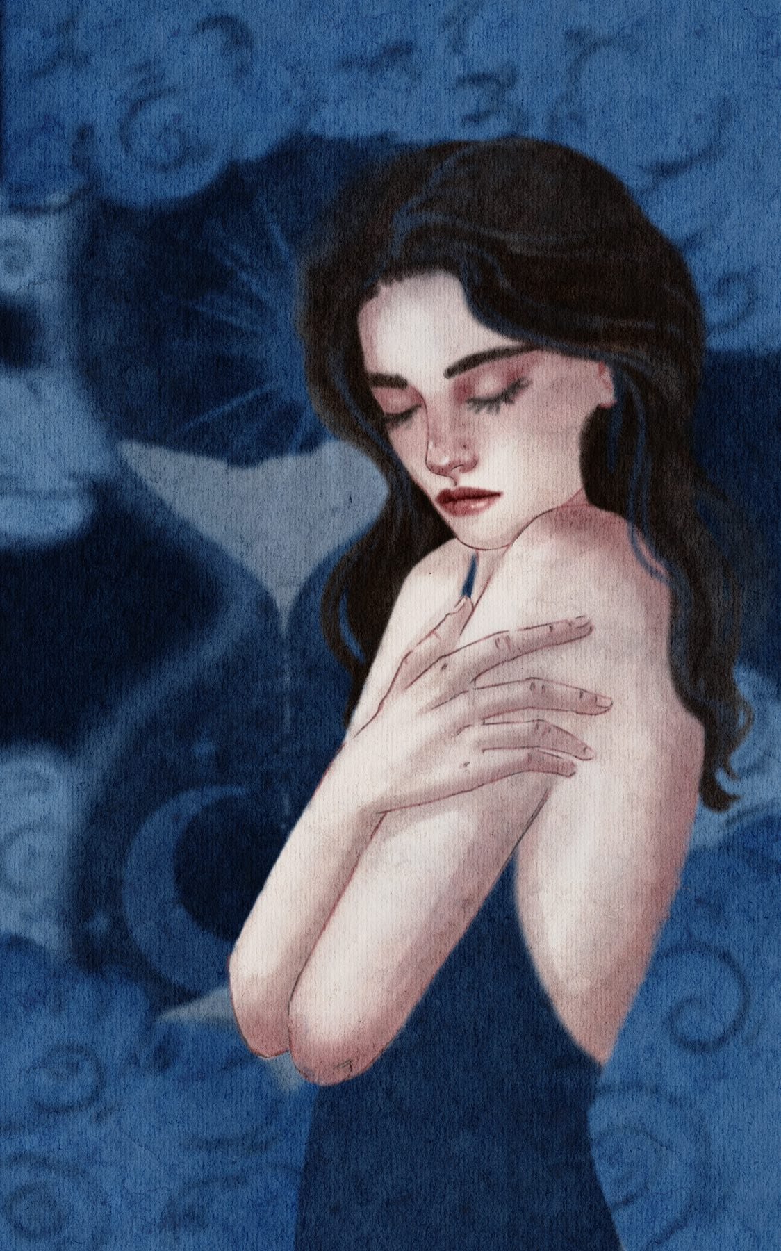 A drawing of a woman with long black hair, closed eyes, and a serene expression, resting her hand on her shoulder against a blue textured background.