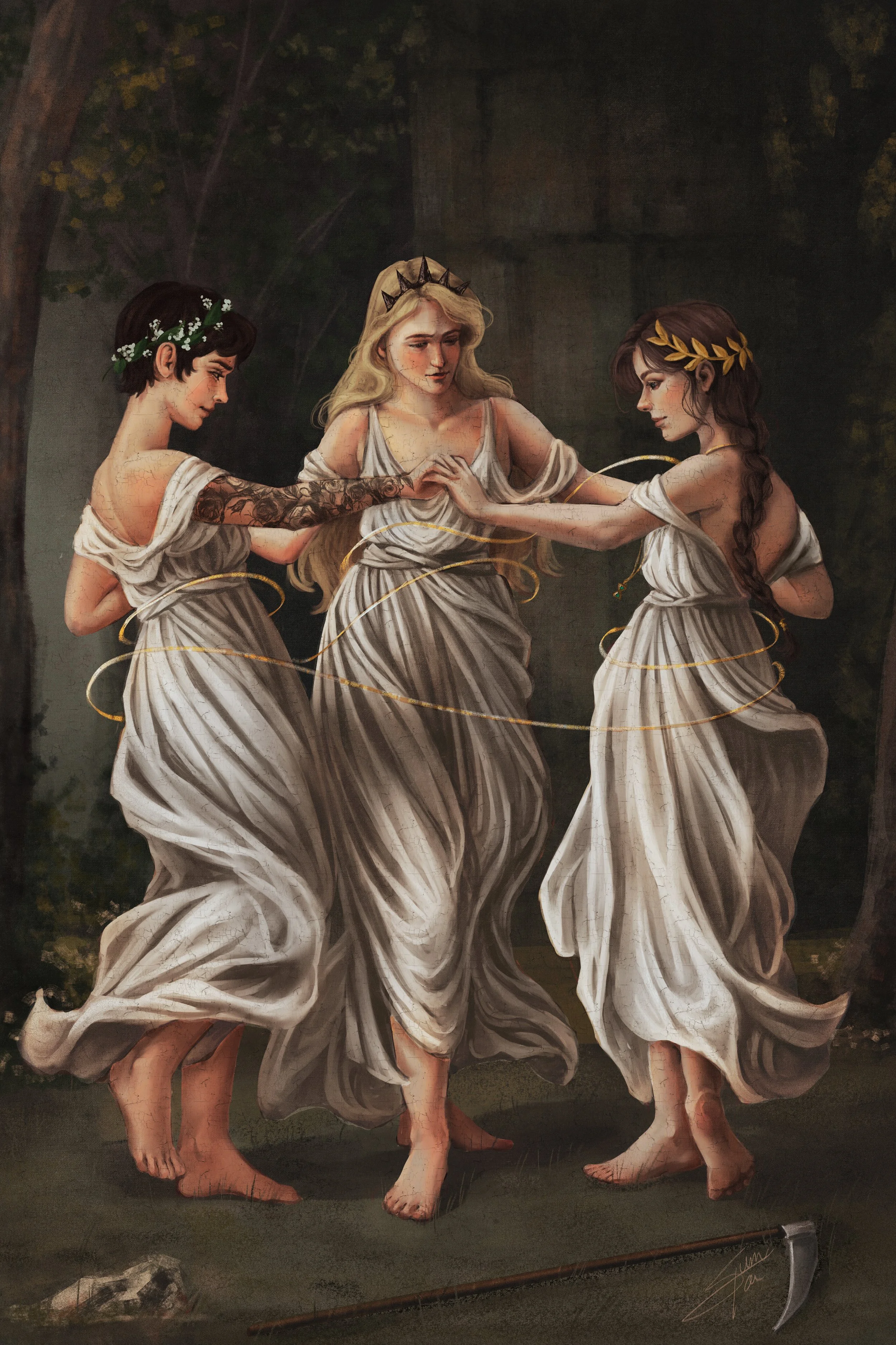 A painting of three women in classical Greek robes and laurel wreaths, standing close together and holding hands in a circle, with a dark, wooded background. Three Three Fates, Greek Mythology retelling books, Queens of Moirai by Rhiannon Hargadon