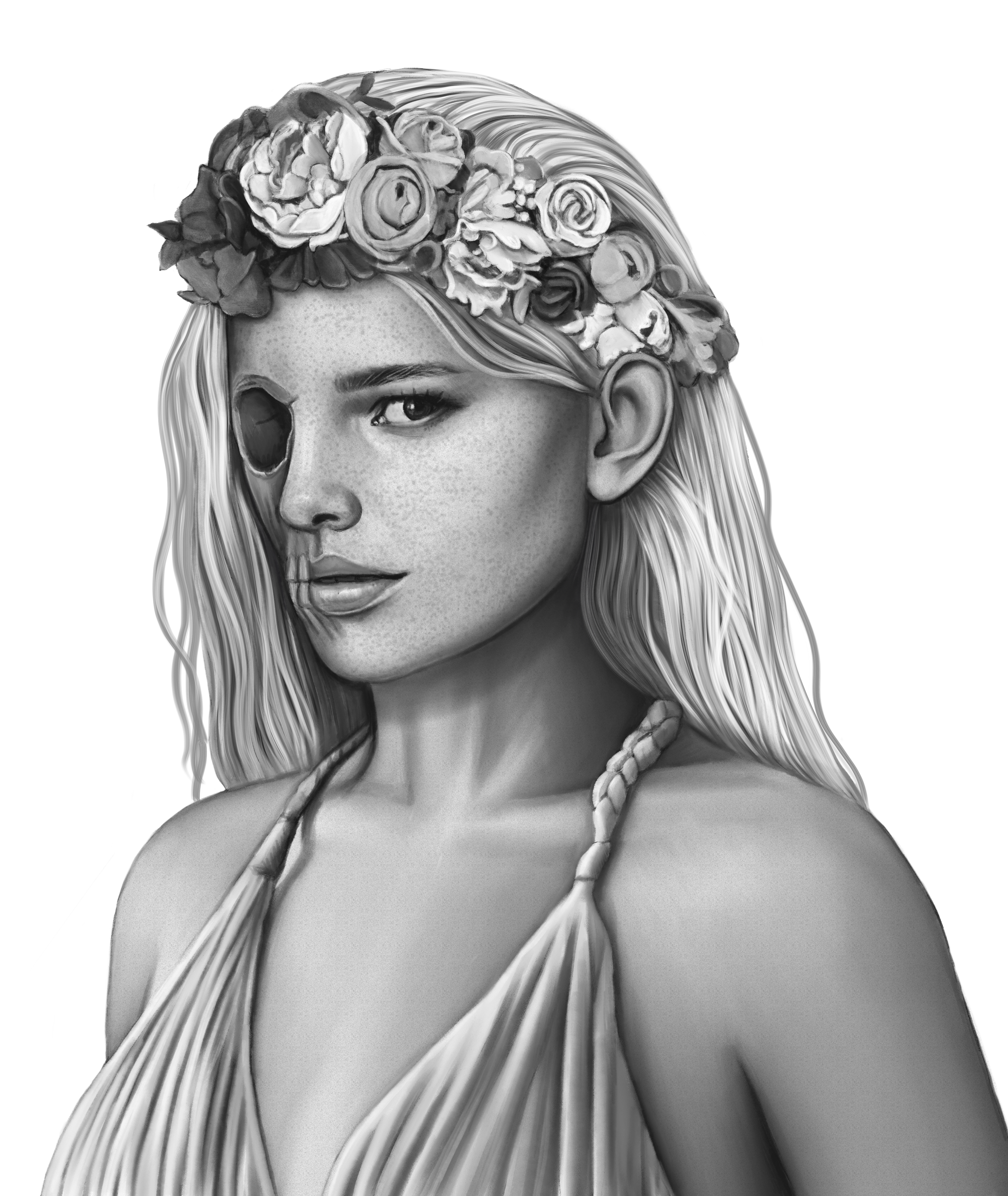 A grayscale digital art portrait of a woman with long flowing hair, wearing a flower crown, with a skull design on her face.