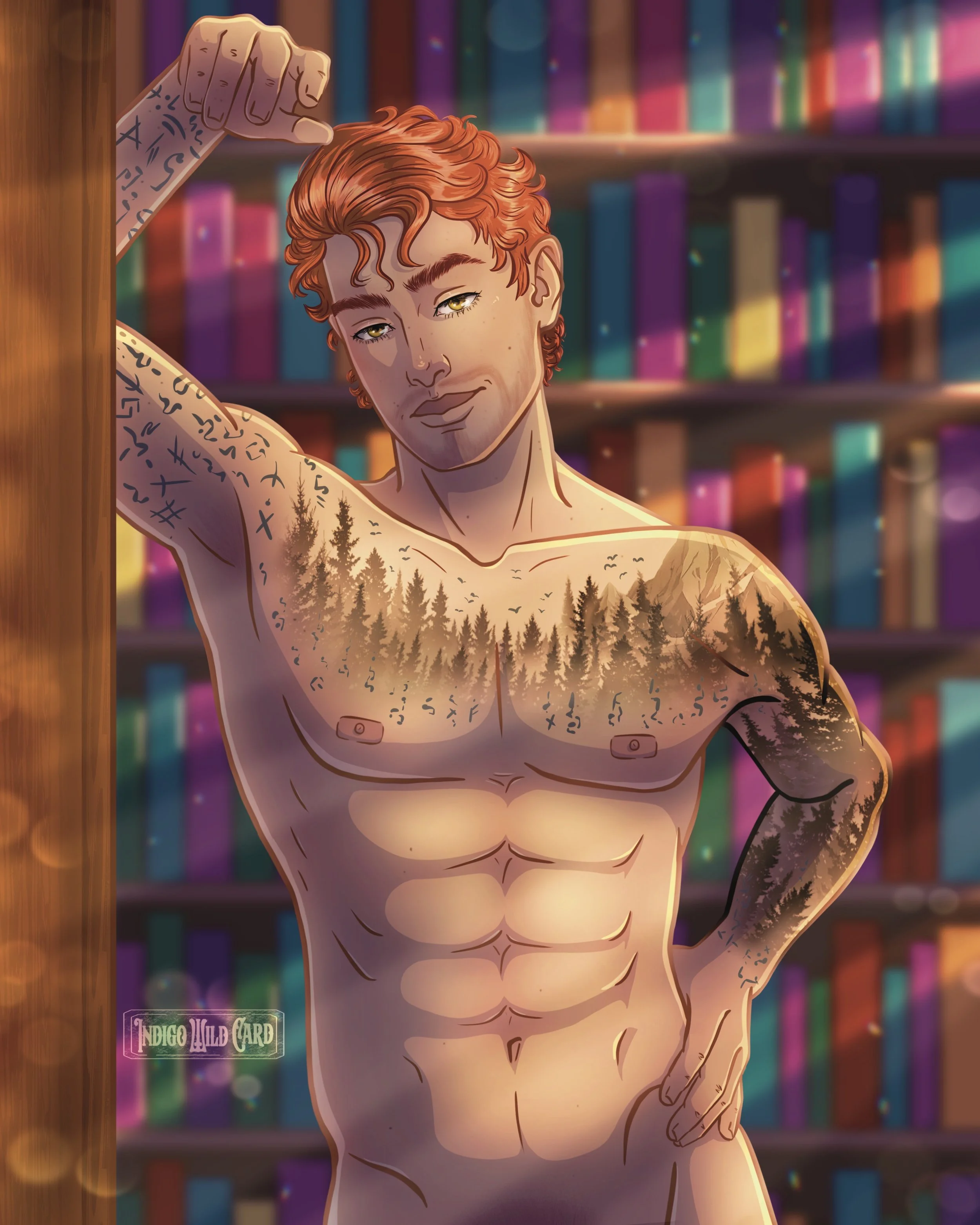 Cartoon illustration of a topless young man with red curly hair, tattoos on his arm and chest, standing in front of a colorful bookshelf. He is leaning against a wooden post with one arm raised above his head.