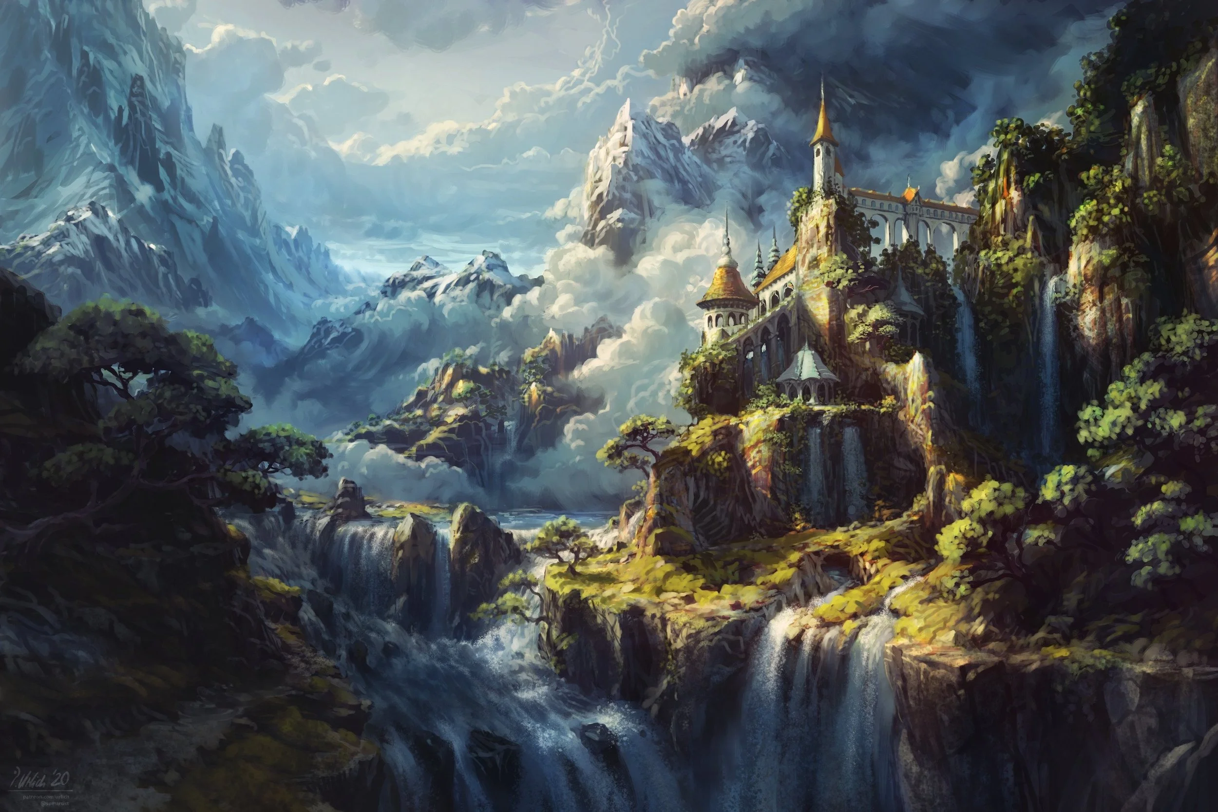 A fantasy landscape featuring a castle built on cliffs overlooking waterfalls and a river, surrounded by lush green trees, with towering snow-capped mountains and thunderstorms in the sky.