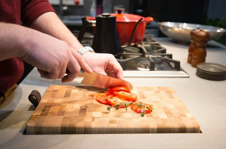 Recessed cutting board detail at our V&auml;lkomna residence
