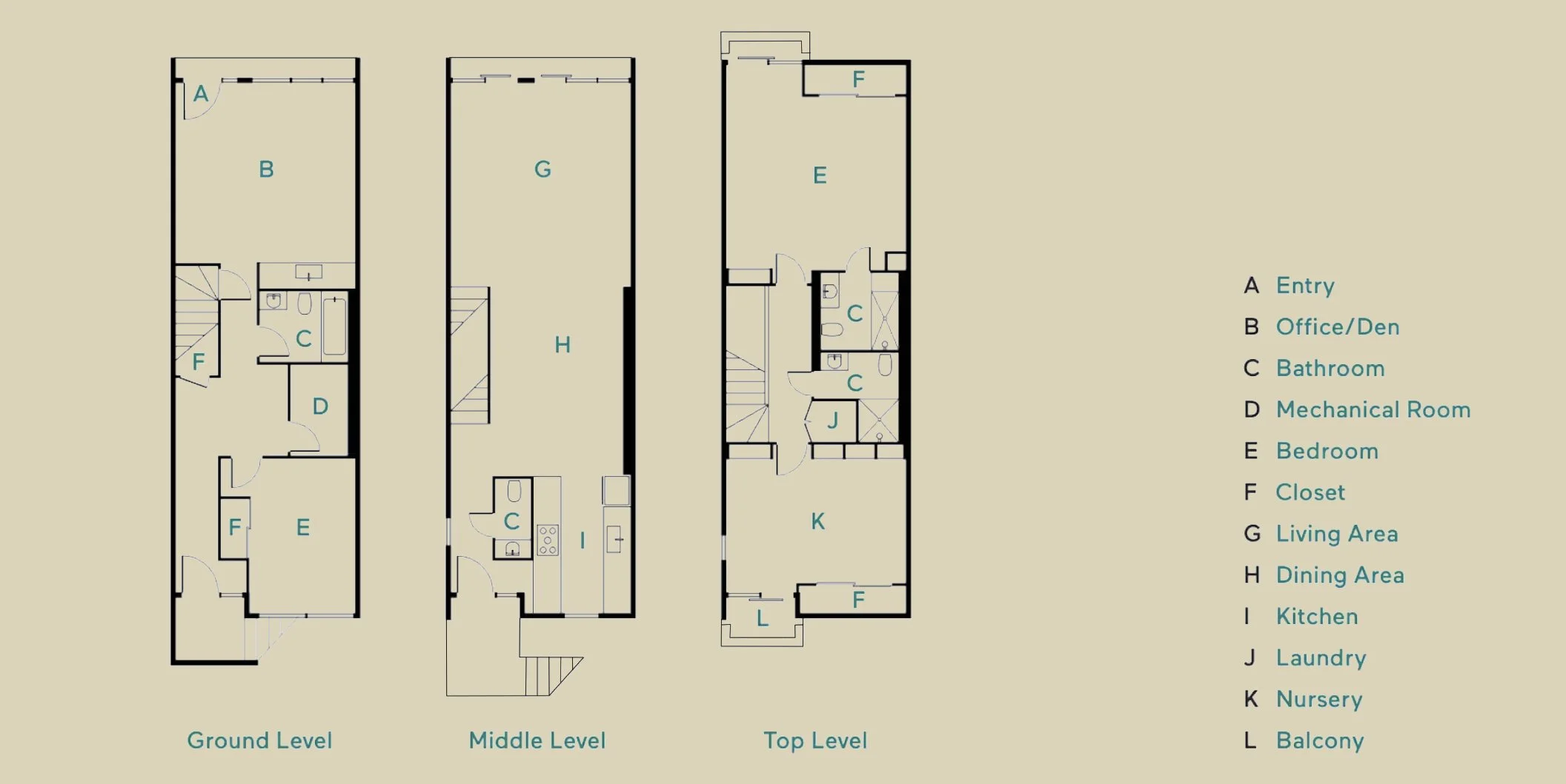 Floor plans of the three-level Brutalist Townhouse renovation in Southwest Washington, DC