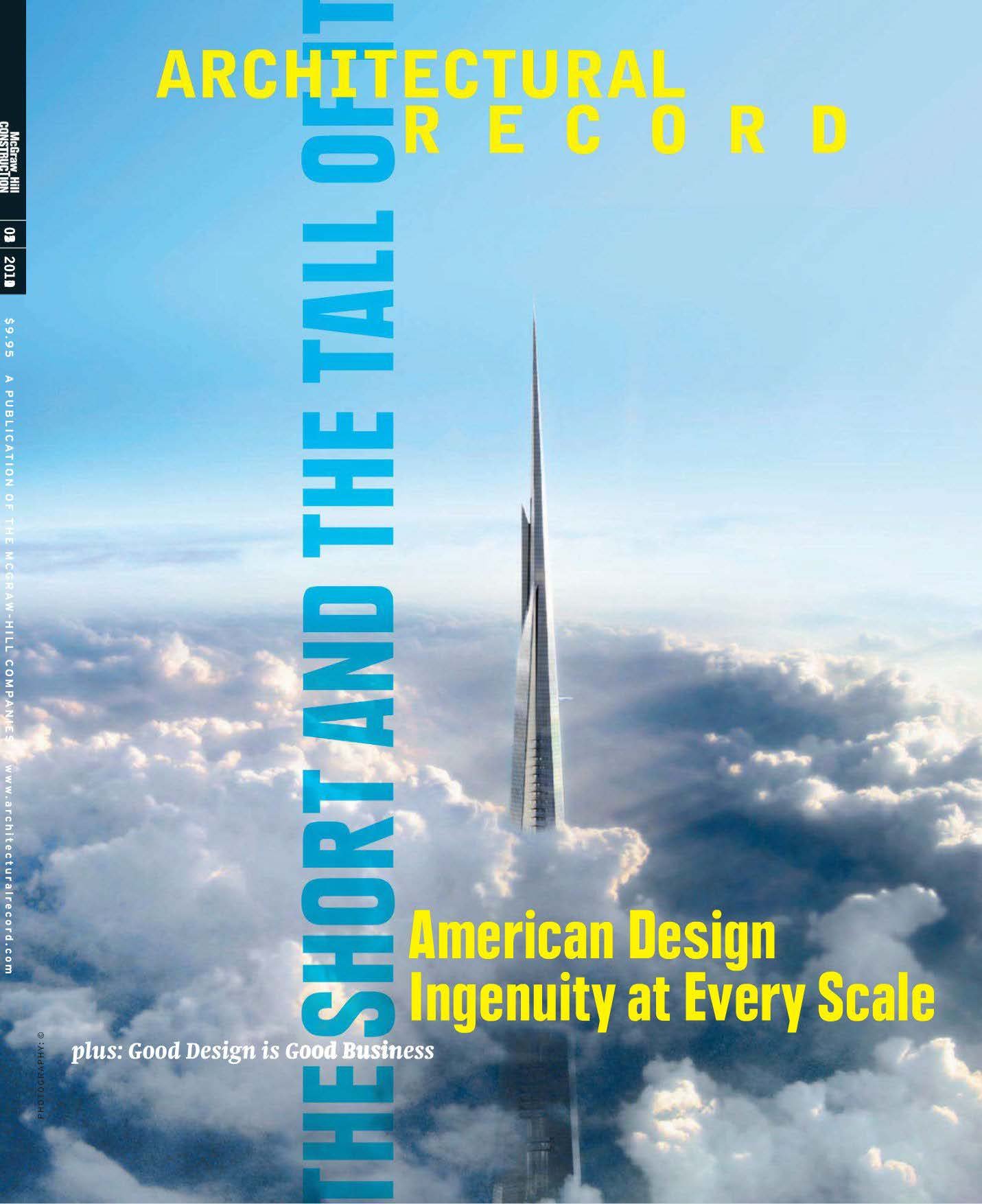 Cover of Architectural Record magazine featuring a tall skyscraper above clouds. Text on the cover reads 'The Show and the Talk of the Town: Architectural Record' in yellow and blue, with additional text 'American Design Ingenuity at Every Scale' and