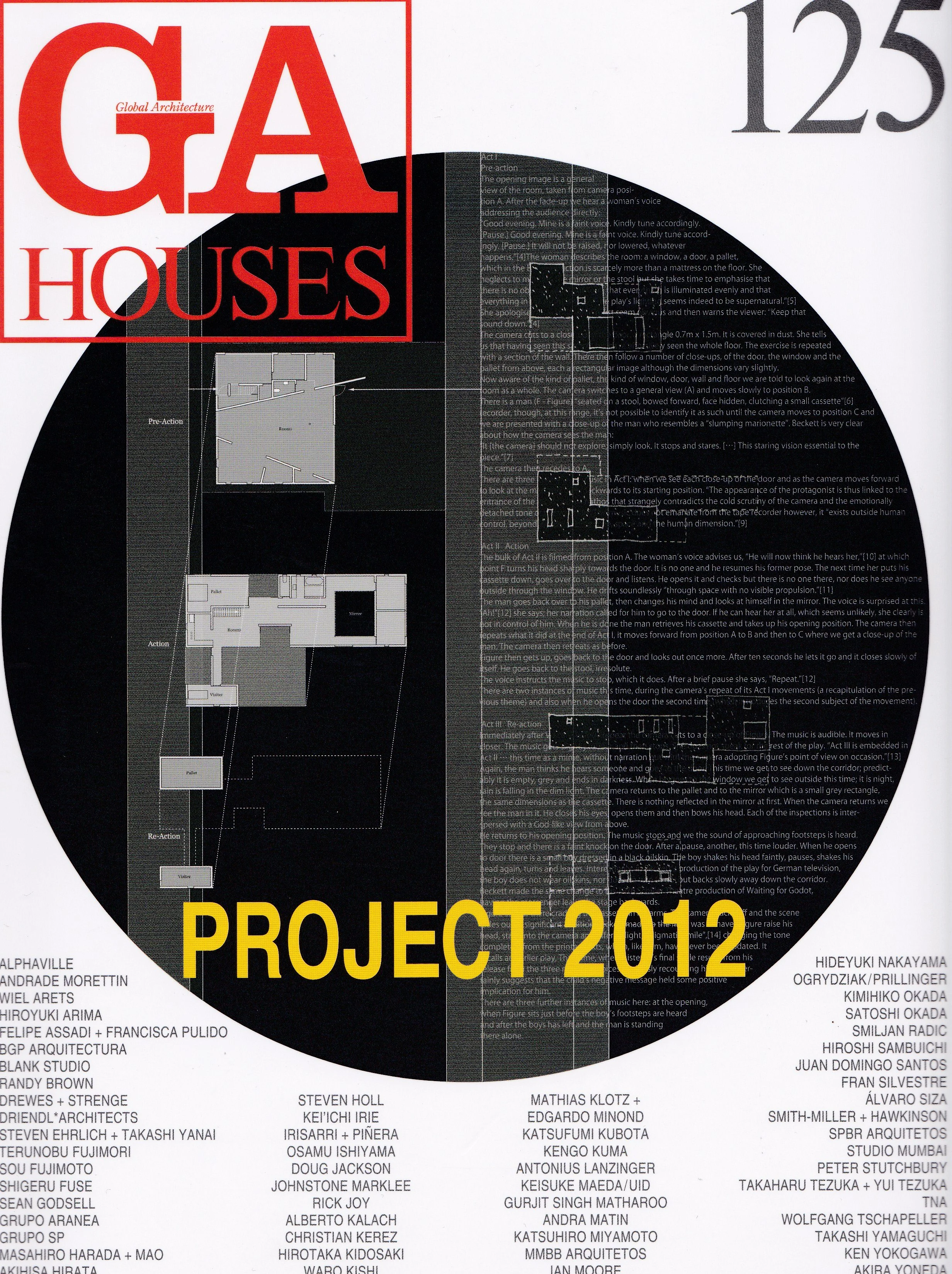 Cover of a magazine or publication titled 'GA Houses' with the subtitle 'Global Architecture' and the headline 'Project 2012'. The cover features a circular graphic design with architectural plans, diagrams, and text overlaid. Names of contributors o