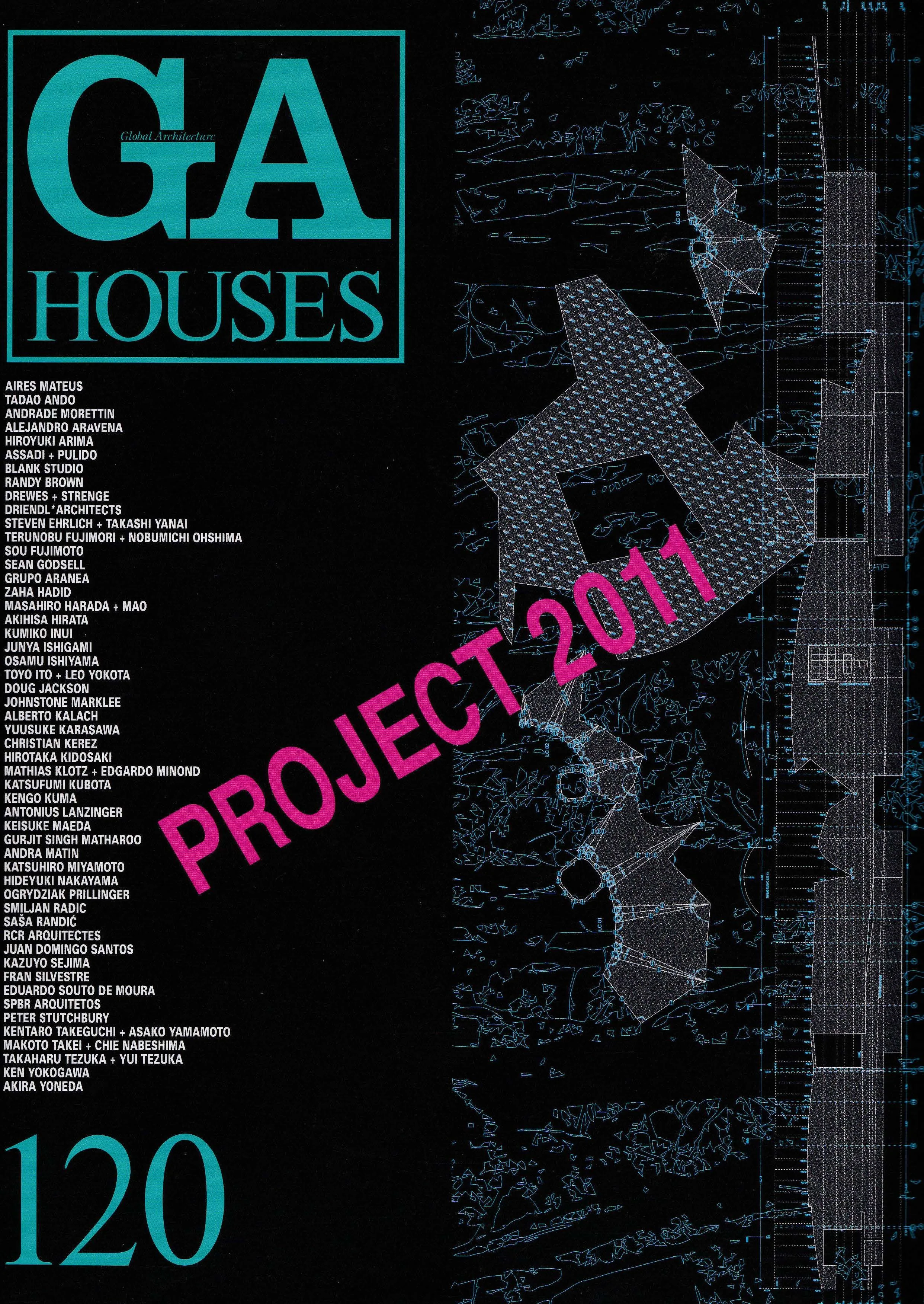 Cover of the GA Houses magazine, project 2011, featuring a detailed blueprint or architectural drawing with a list of architects and designers on the left side and the text "PROJECT 2011" in pink diagonally across the center.