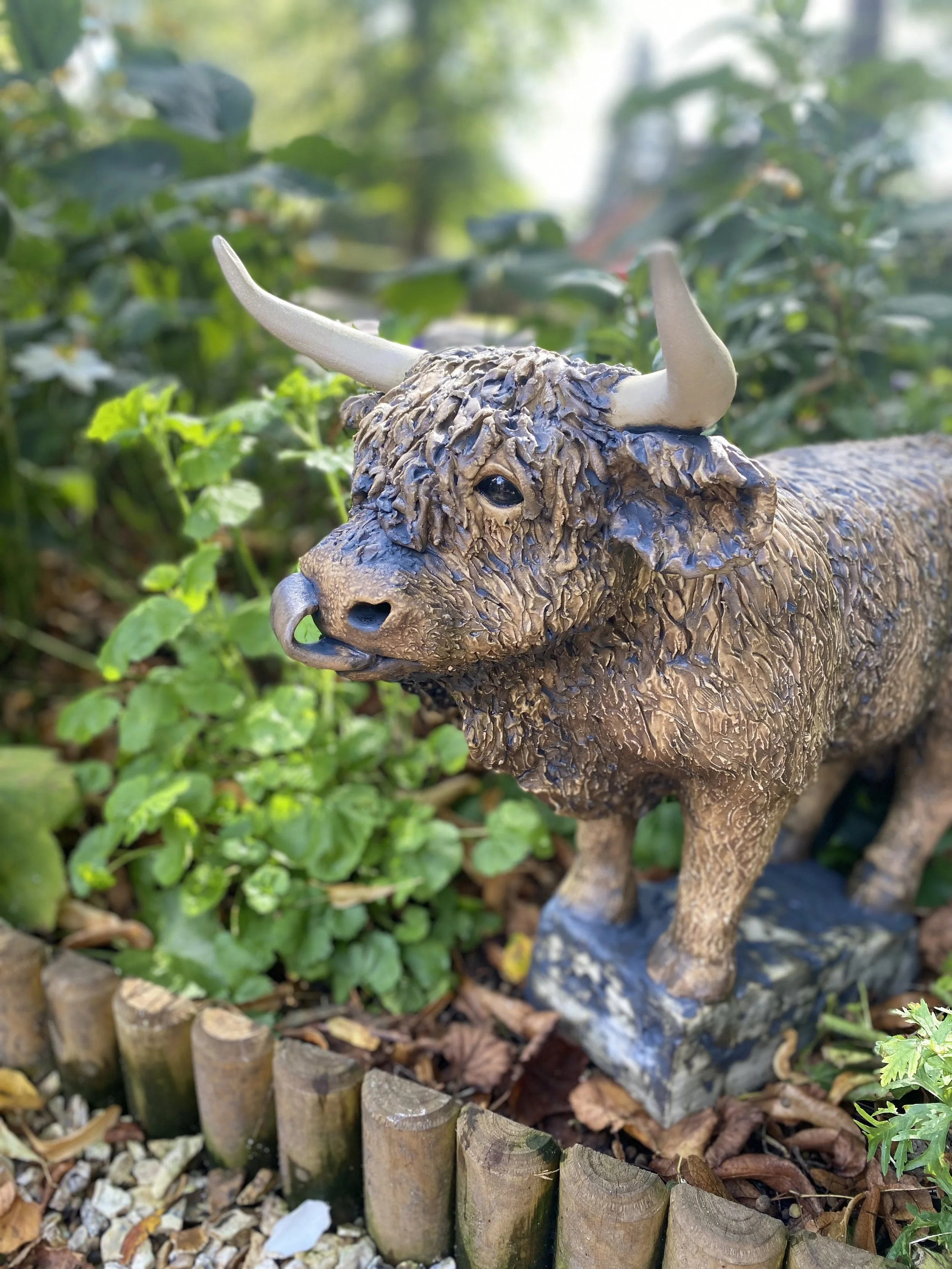 A detailed sculpture of a bison / highland cownsituated in a garden with greenery and small plants around it.