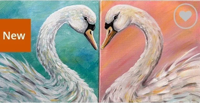 Painting of two swans facing each other, with a split background in green and pink, and a small heart icon in the top right corner.