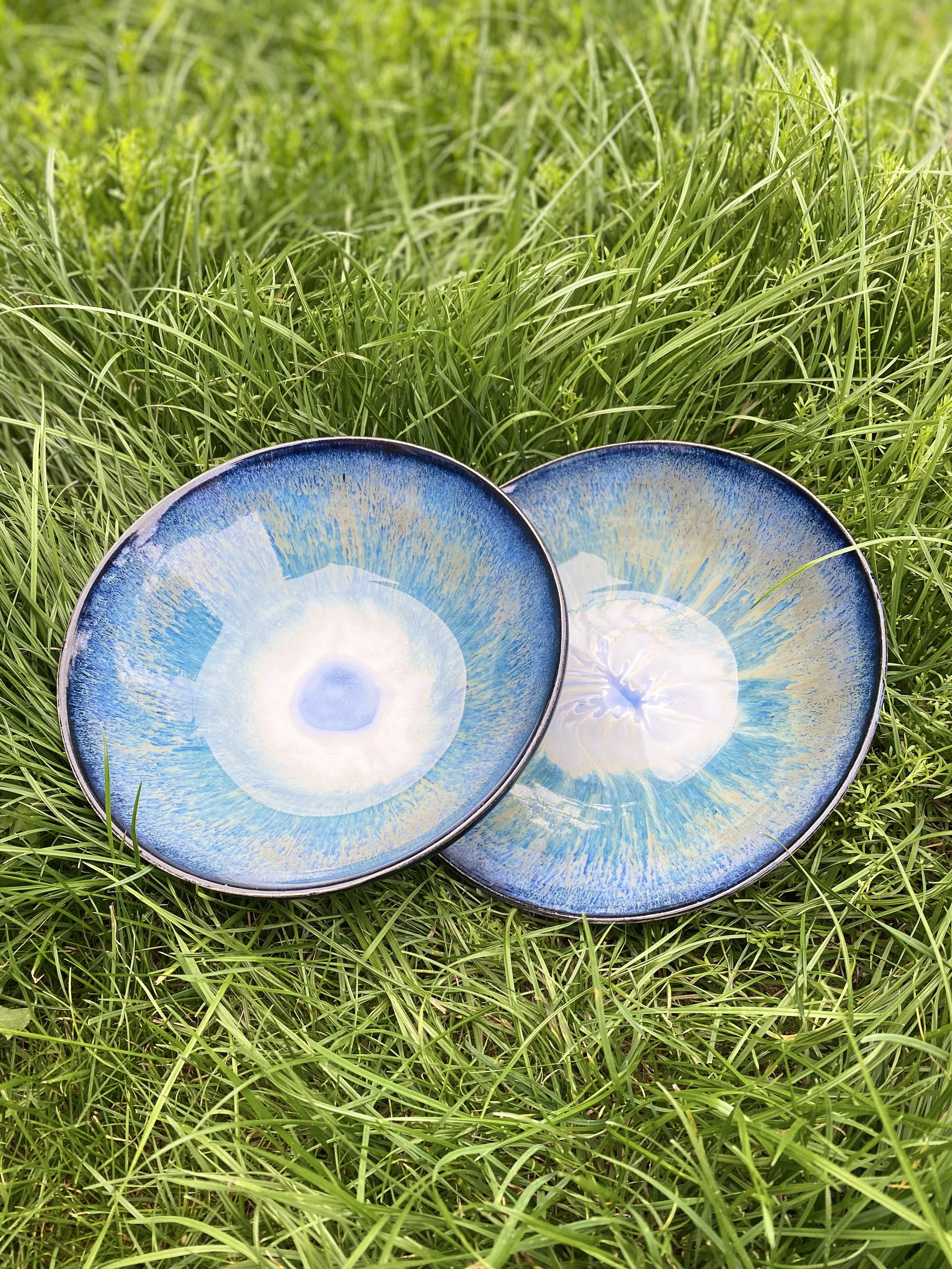 Two blue and white ceramic plates with a circular pattern, placed on green grass.