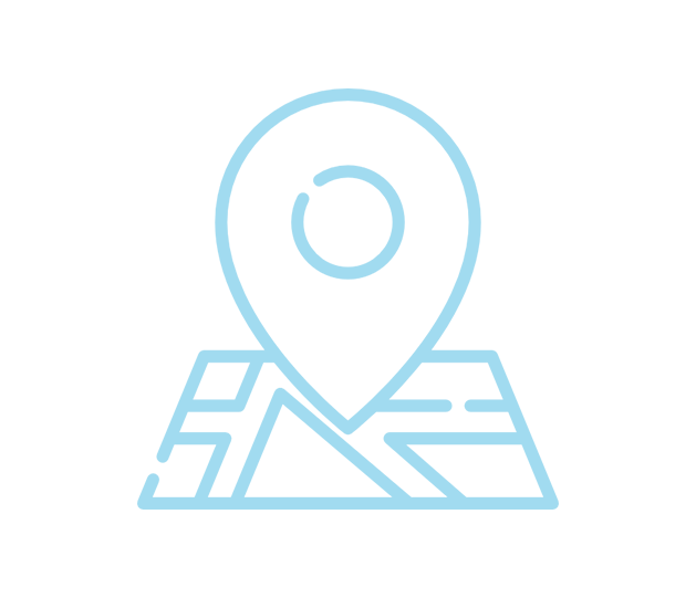 Blue line icon of a map with a location pin.