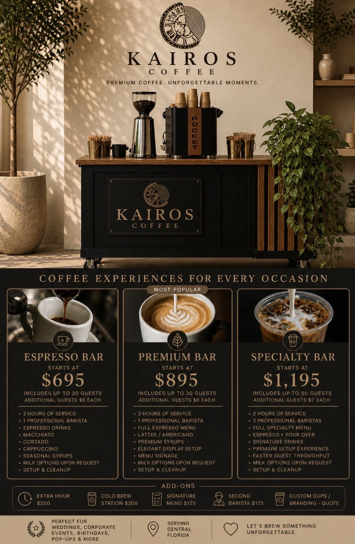Menu poster for Kairos Coffee. It features a coffee station with a coffee grinder and cups. Below, there are three sections displaying different coffee experiences: Espresso Bar ($695, up to 30 guests), Premium Bar ($895, up to 30 guests), and Specialty Bar ($1,195, up to 50 guests). Each section lists included services and add-ons.