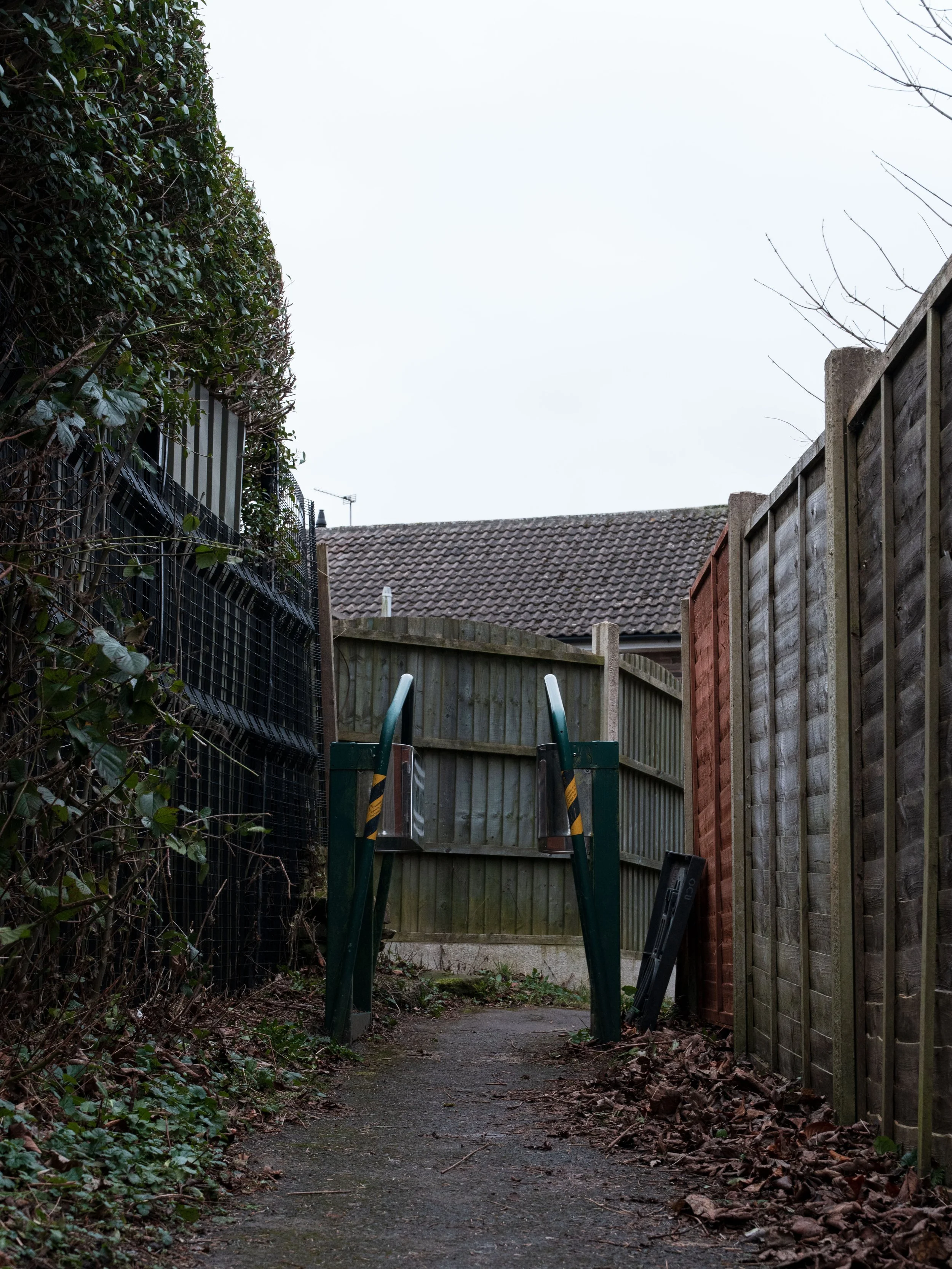 A narrow outdoor alleyway with a paved ground, bordered by dense bushes on the left and wooden fences on the right, leading toward a small gate at the end.