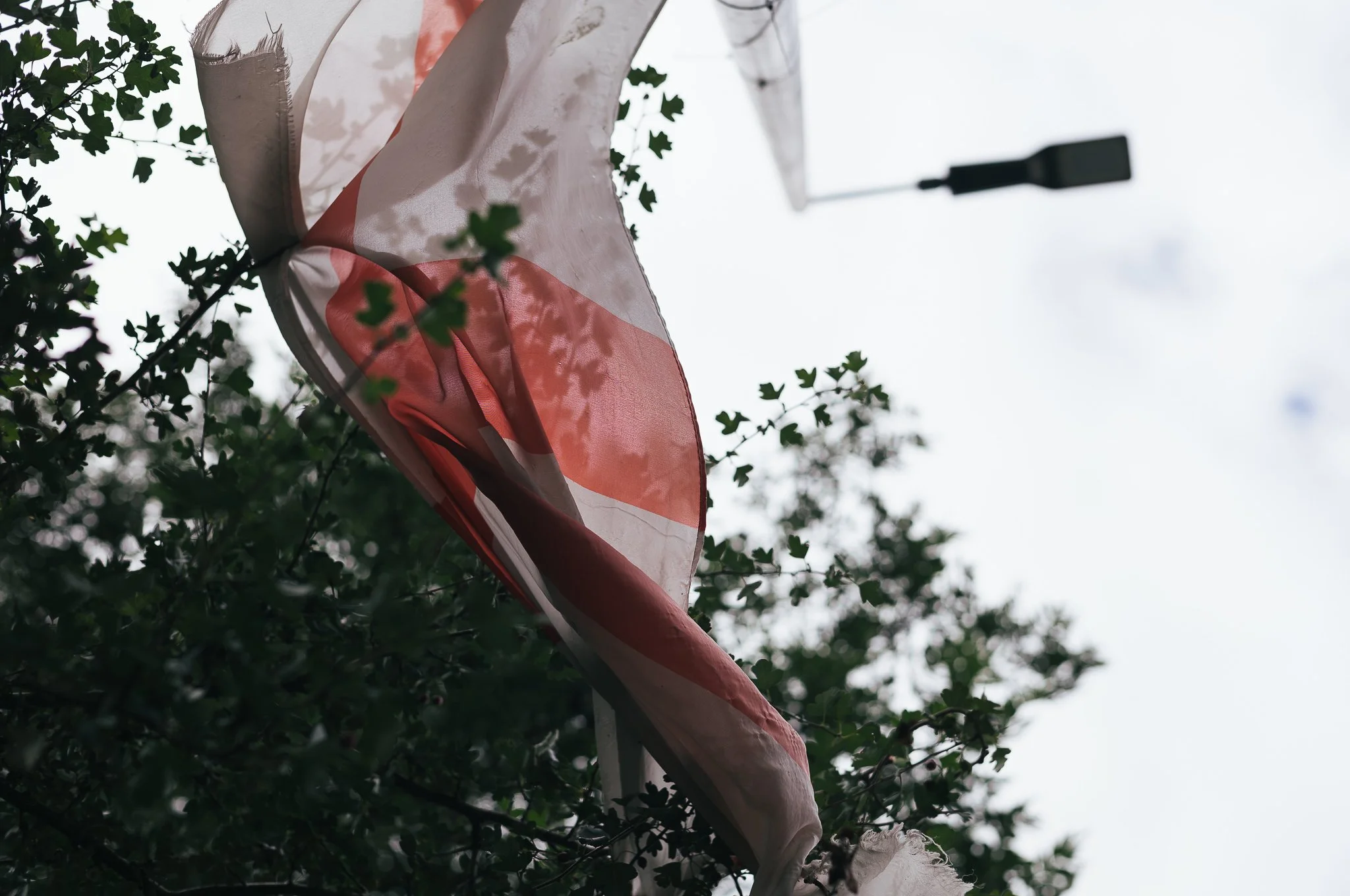 Tattered England flags hang from trees and lamp posts all around Pontefract