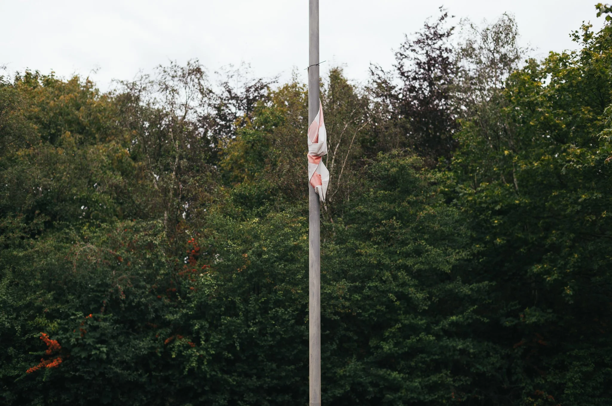 Tattered England flags hang from trees and lamp posts all around Pontefract