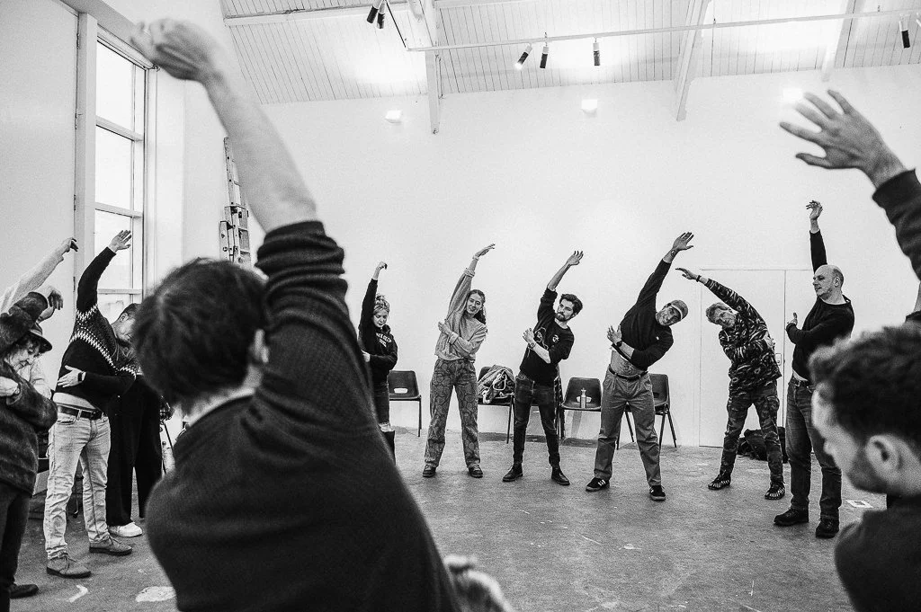 Theatre production workshop and actors performing exercises before rehearsals for Leeds Arts Centre Production of A Midsummer Nights Dream