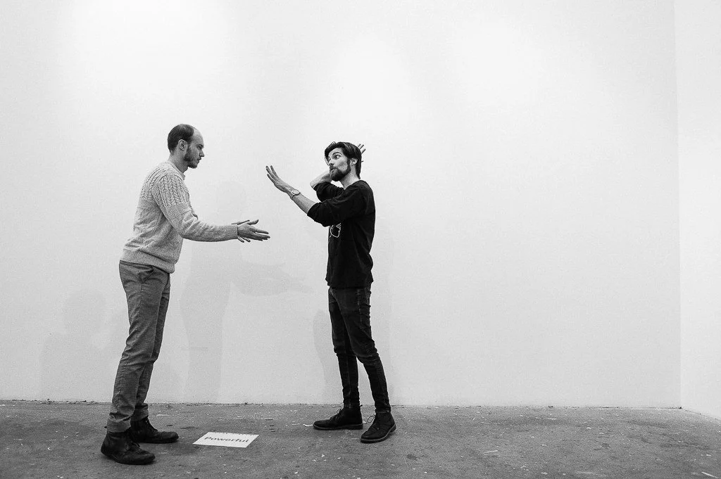 Theatre production workshop and actors performing exercises before rehearsals for Leeds Arts Centre Production of A Midsummer Nights Dream
