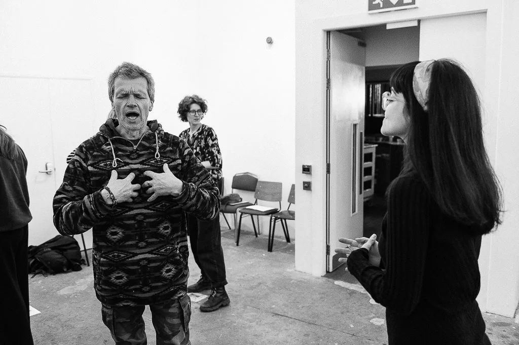 Theatre production workshop and actors performing exercises before rehearsals for Leeds Arts Centre Production of A Midsummer Nights Dream