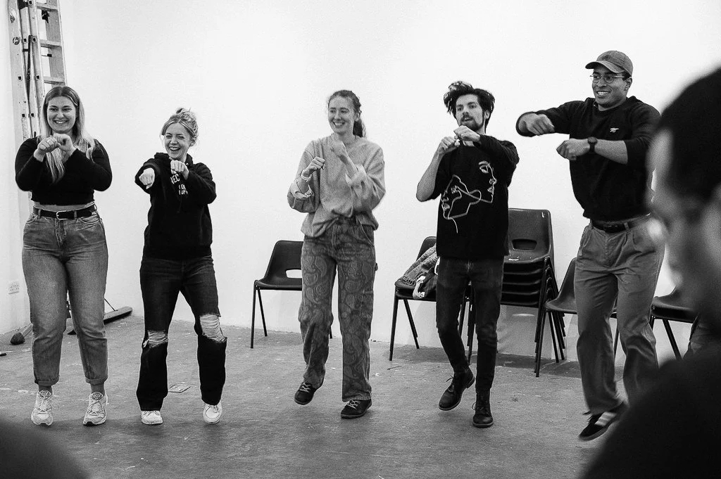 Theatre production workshop and actors performing exercises before rehearsals for Leeds Arts Centre Production of A Midsummer Nights Dream