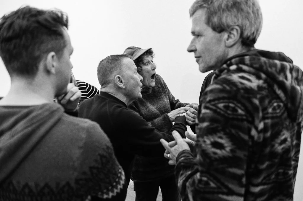 Theatre production workshop and actors performing exercises before rehearsals for Leeds Arts Centre Production of A Midsummer Nights Dream