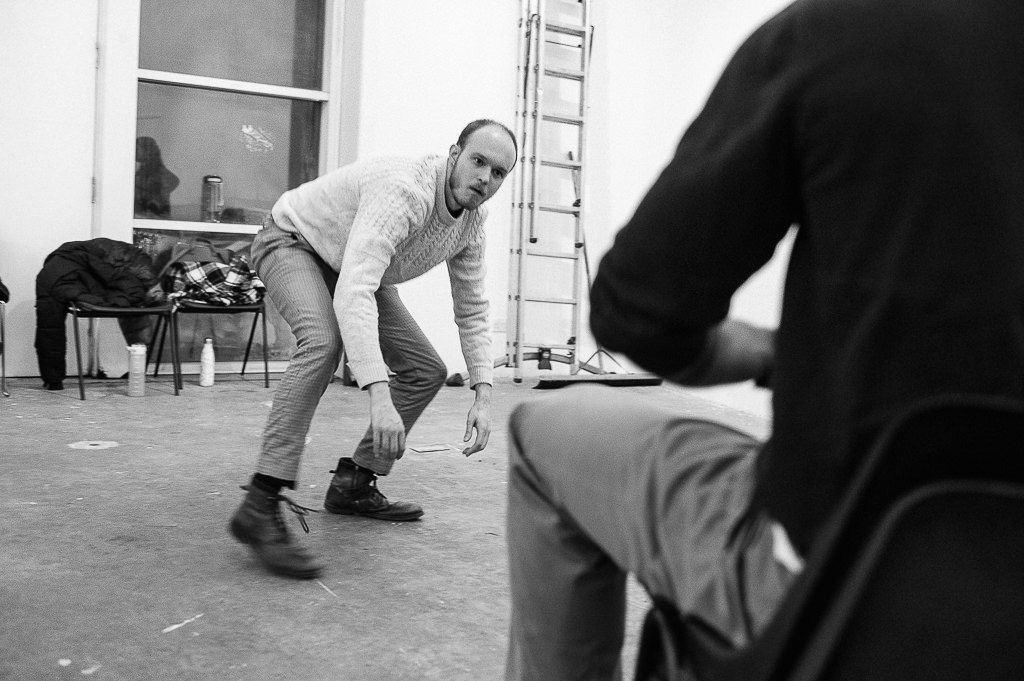 Theatre production workshop and actors performing exercises before rehearsals for Leeds Arts Centre Production of A Midsummer Nights Dream