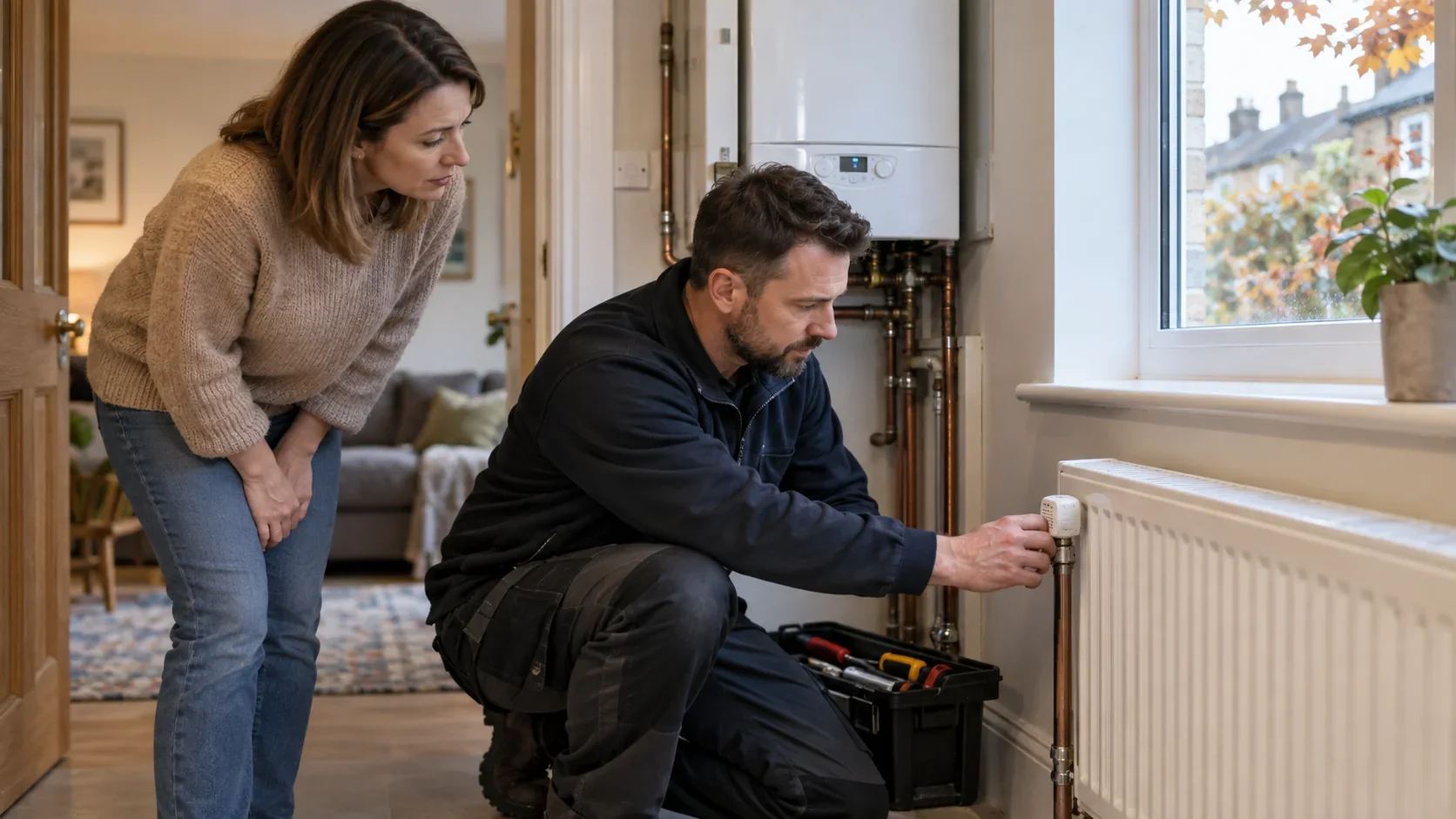 Heating engineer checking a radiator and central heating system in a Huddersfield home