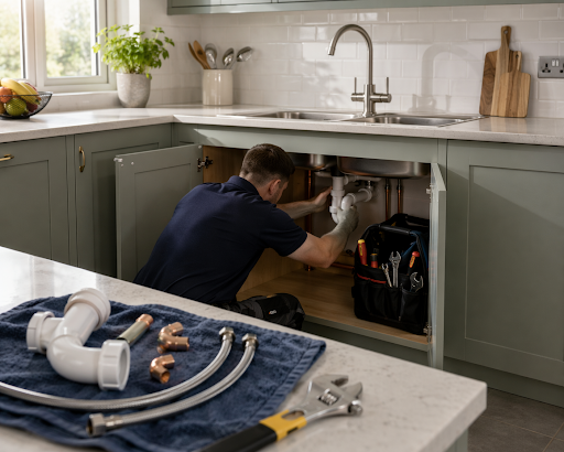 Plumber repairing pipes under a kitchen sink with tools and fittings