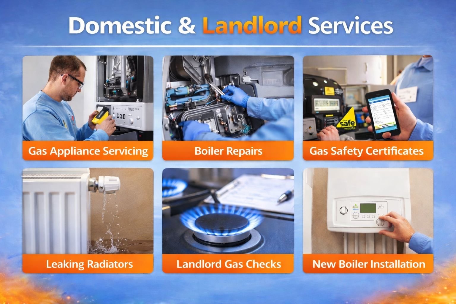 A poster advertising domestic and landlord services including gas appliance servicing, boiler repairs, gas safety certificates, leaking radiators, landlord gas checks, and new boiler installation, with images representing each service.