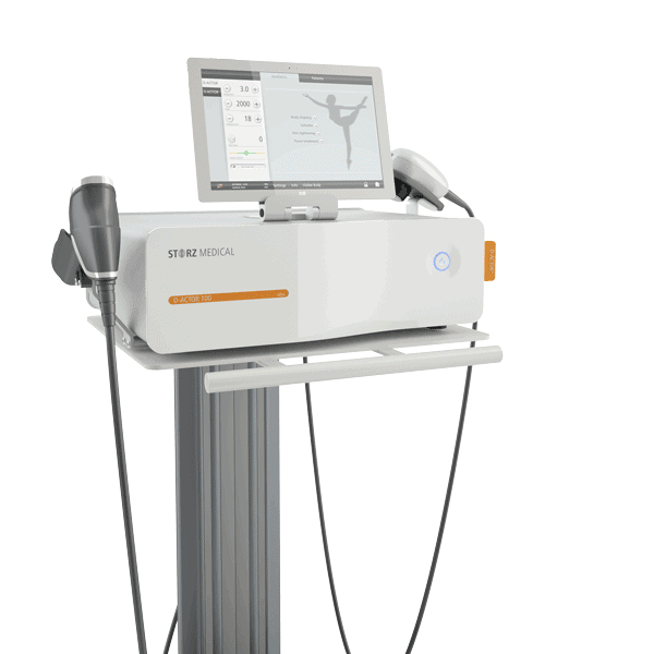 Storz Medical shockwave therapy device with screen and handpieces on a stand.
