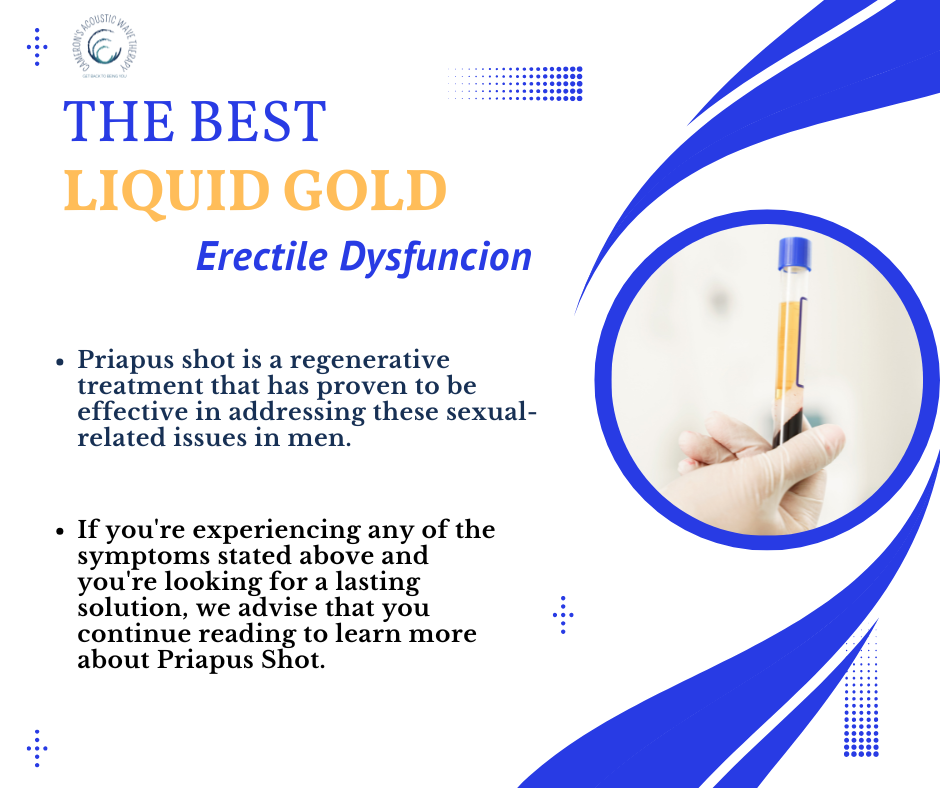 Promotional graphic for Priapus shot treatment for erectile dysfunction, featuring a hand holding a test tube. Includes text about regenerative treatment benefits.