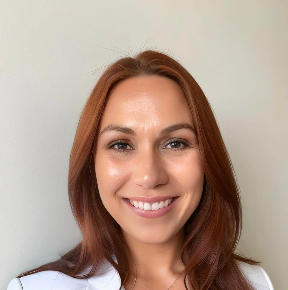 Woman with long red hair smiling against a light background