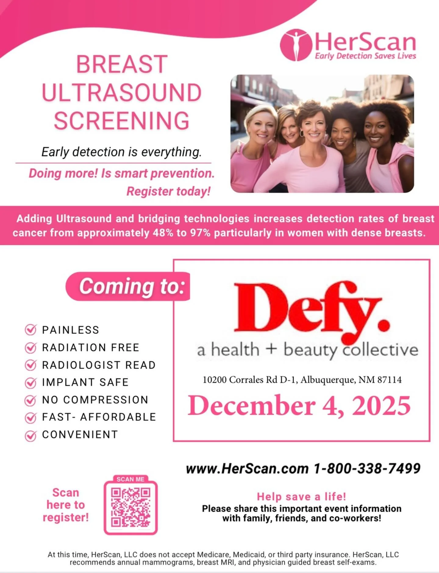 Defy is proud to be hosting HerScan @herscanusa @herscanultrasound on December 4 to provide breast cancer ultrasound screening. We know it is difficult to access primary care right now and appointments and screenings are often many months out. We are