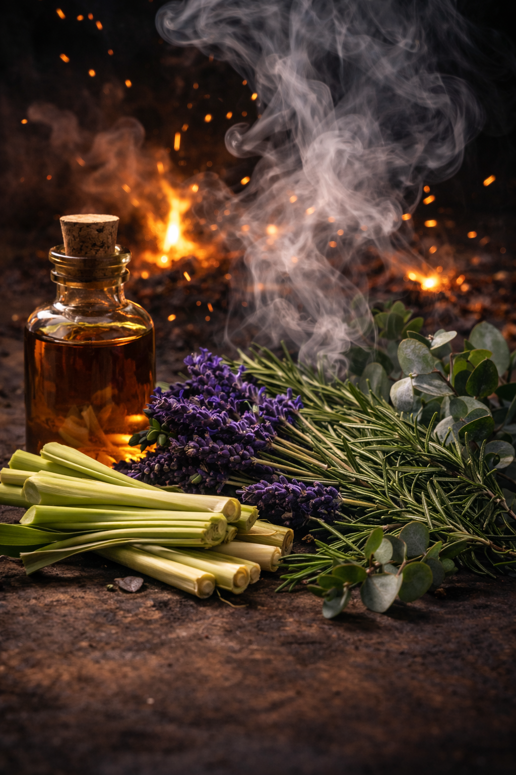 Lavender, sage, and eucalyptus herbs with incense smoke rising, and a small glass bottle of essential oil, against a dark background with sparks.