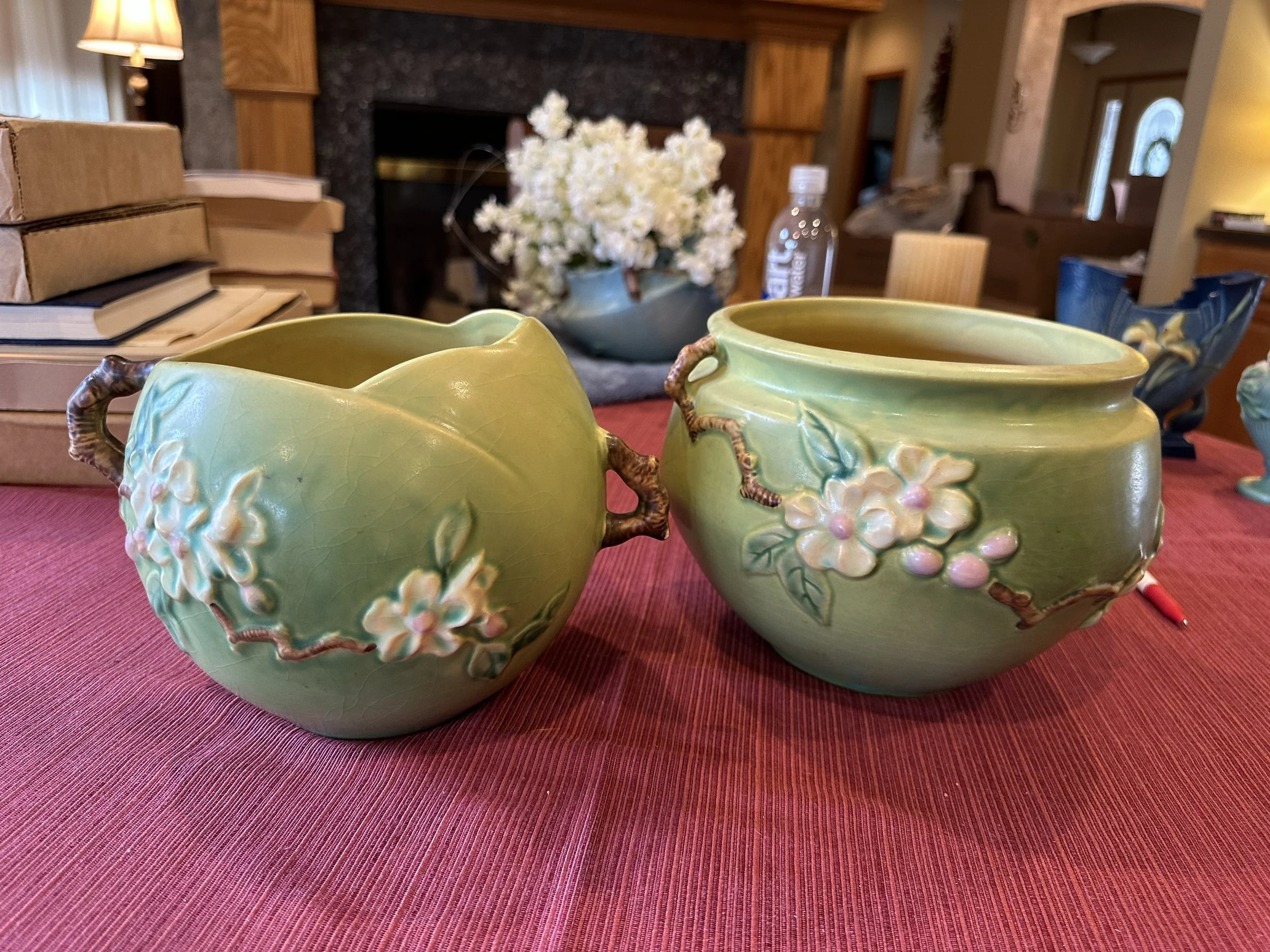Roseville 2 green vases display.jpg