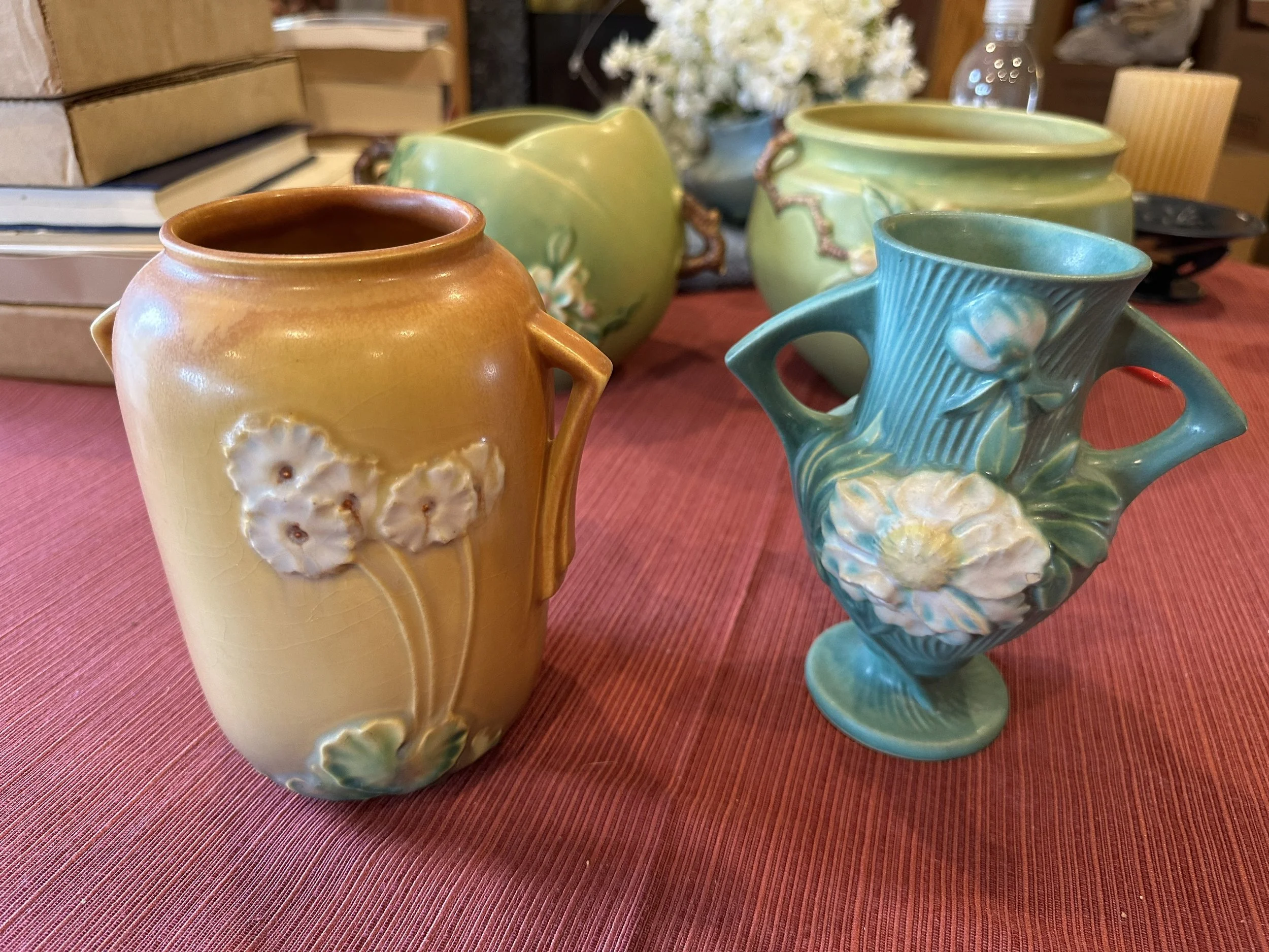 Roseville 2 vases - orange and blue display.jpg