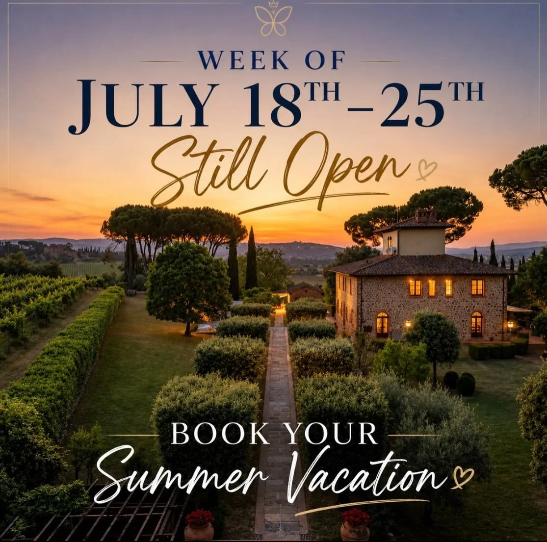The week of July 18th&ndash;25th is still available at Villa Monarca Tuscany. Relax by the infinity pool surrounded by olive groves and vineyards, explore nearby Cortona, Montepulciano, and Siena, and enjoy chef-prepared meals under the Tuscan sky.

