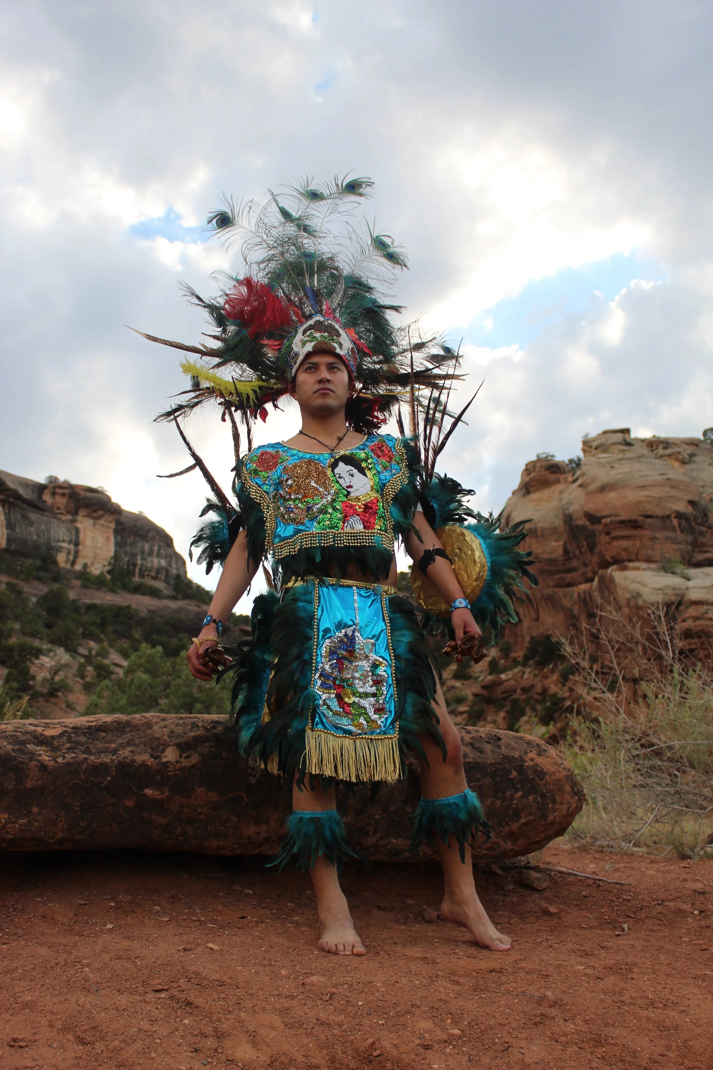 Person in traditional feathered costume in desert landscape