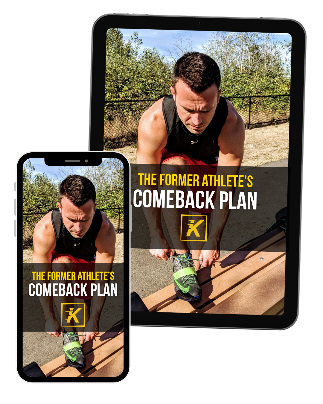 Male tying his shoes on a bench with the words the former athlete's comeback plan showcased as a freebie on phone and tablet.