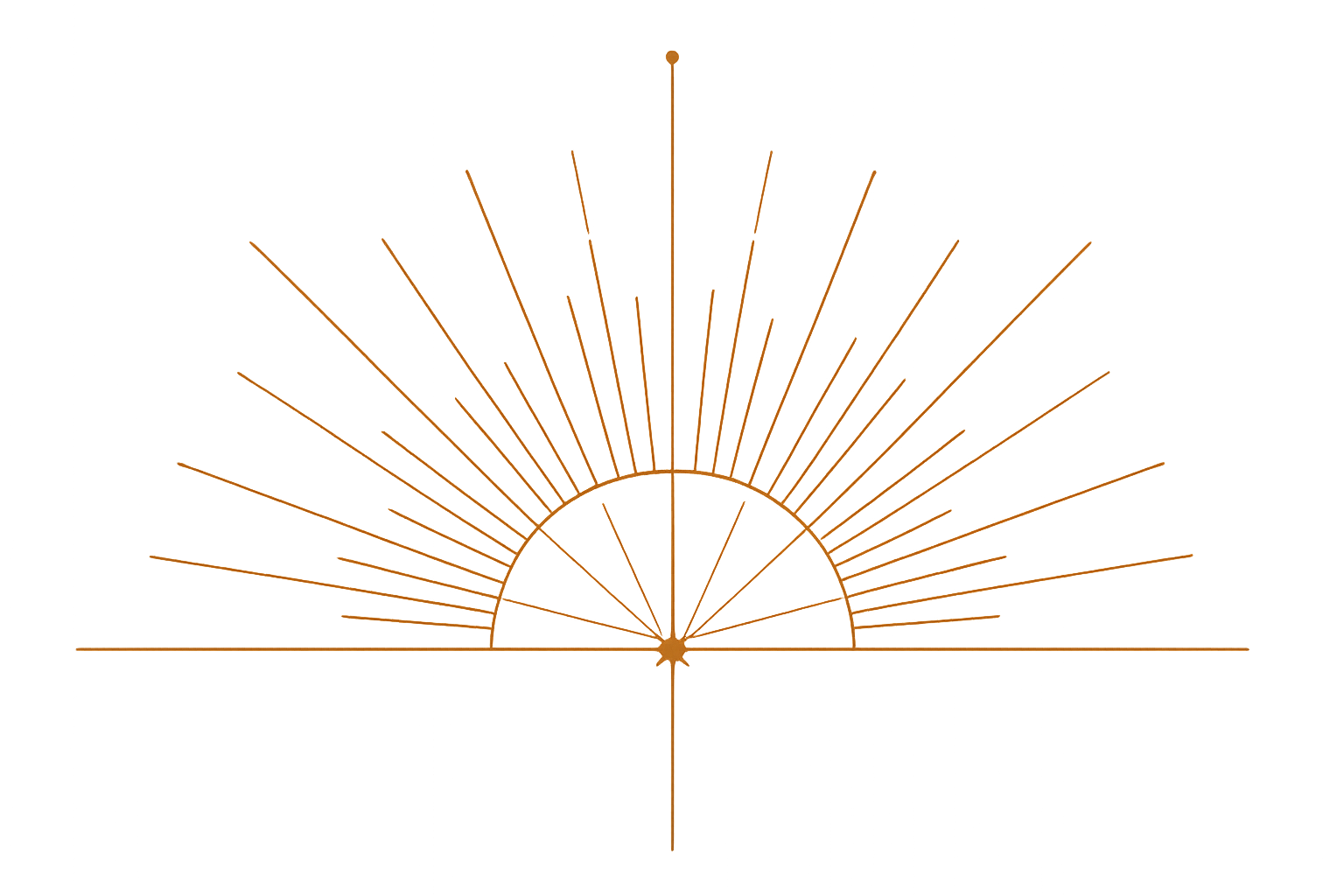 Digital image of a glowing orange semicircular pattern resembling a sun with radiating lines on a dark background.