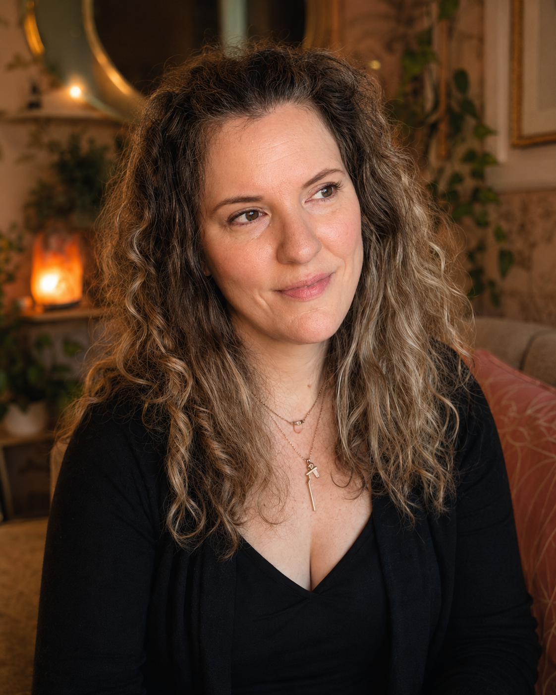 A woman with long, curly brown hair and light skin, wearing a black top and layered necklaces, sitting in a warmly lit room with plants and framed pictures in the background.