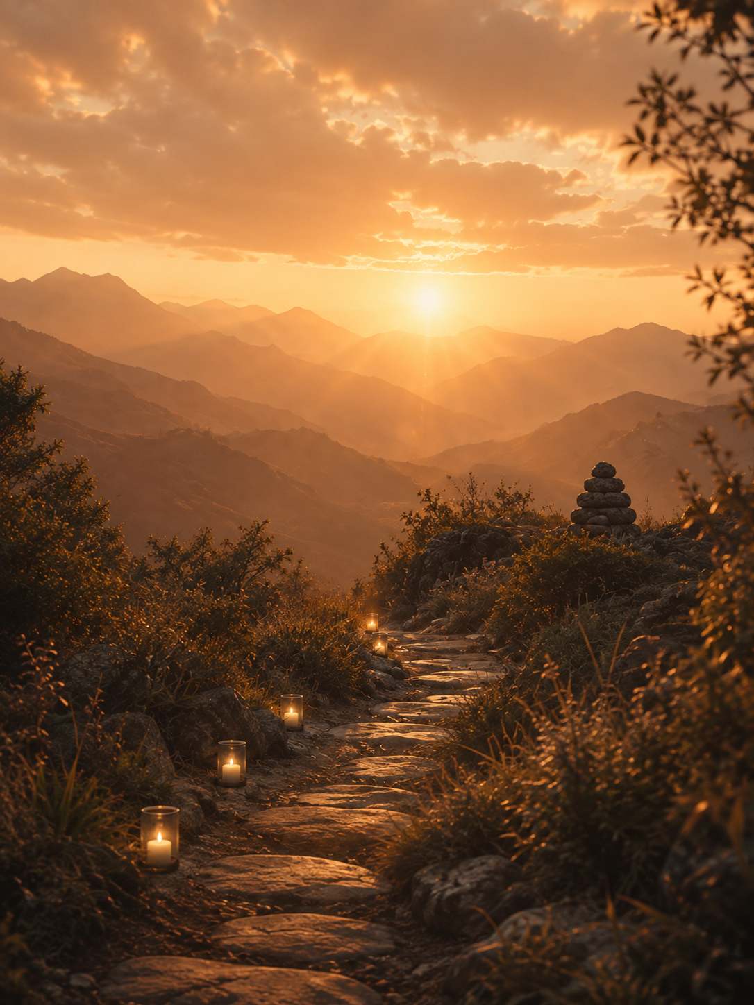 Sunset over mountain landscape with a stone path lit by candles, surrounded by bushes and a small stacked stone sculpture.