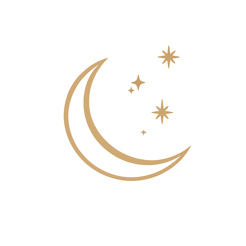 Gold crescent moon and stars on a black background.