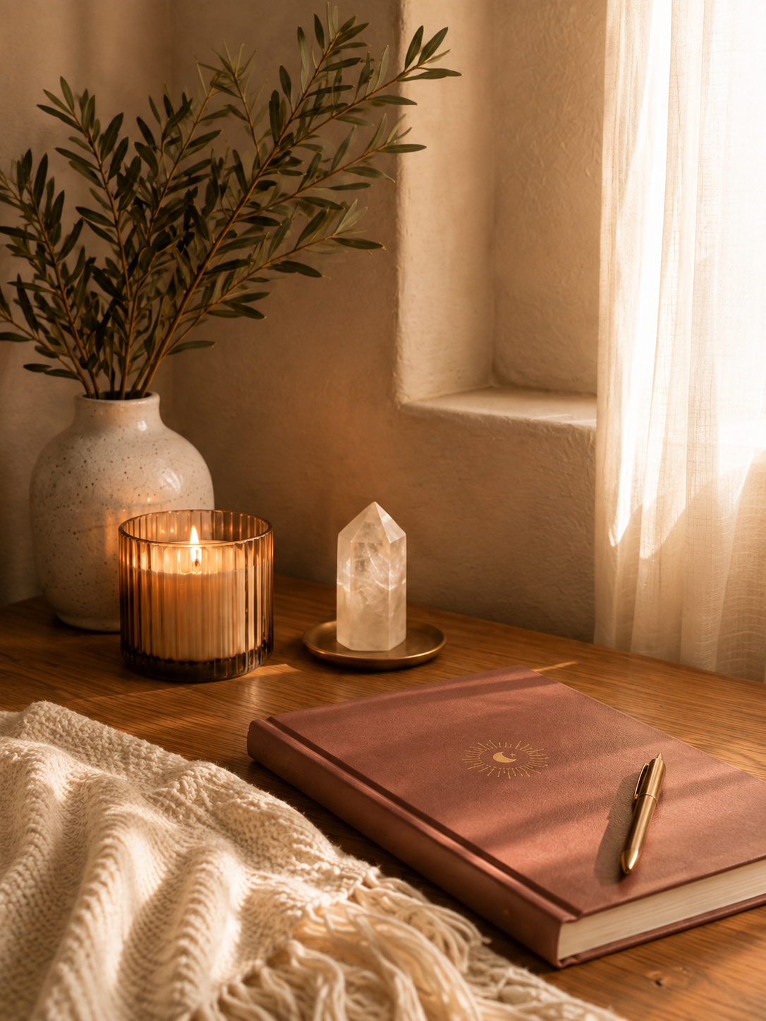 A cozy desk setup with a pink journal and gold pen, a lit candle in a ribbed glass holder, a white crystal on a tray, a ceramic vase with green leaves, a cream-colored knitted blanket, and sunlight streaming through sheer curtains.