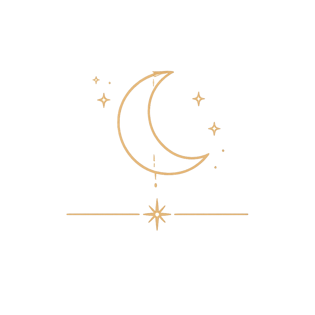 Golden crescent moon with stars and a horizontal line with a star at the center, on a black background.