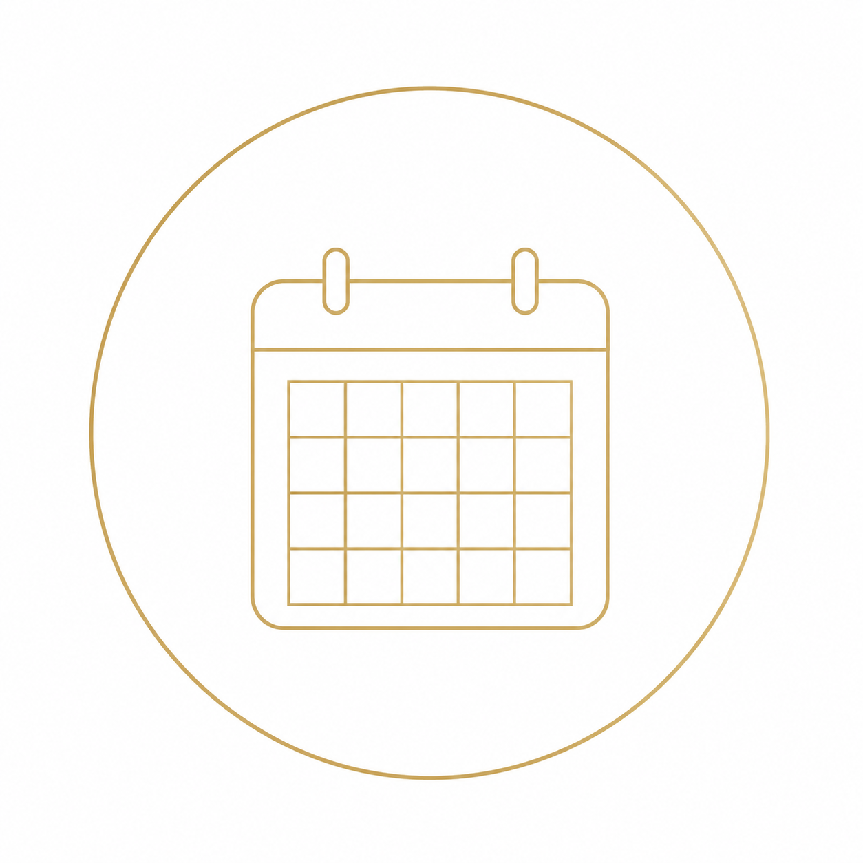 Minimalist icon of a calendar inside a circle outline.