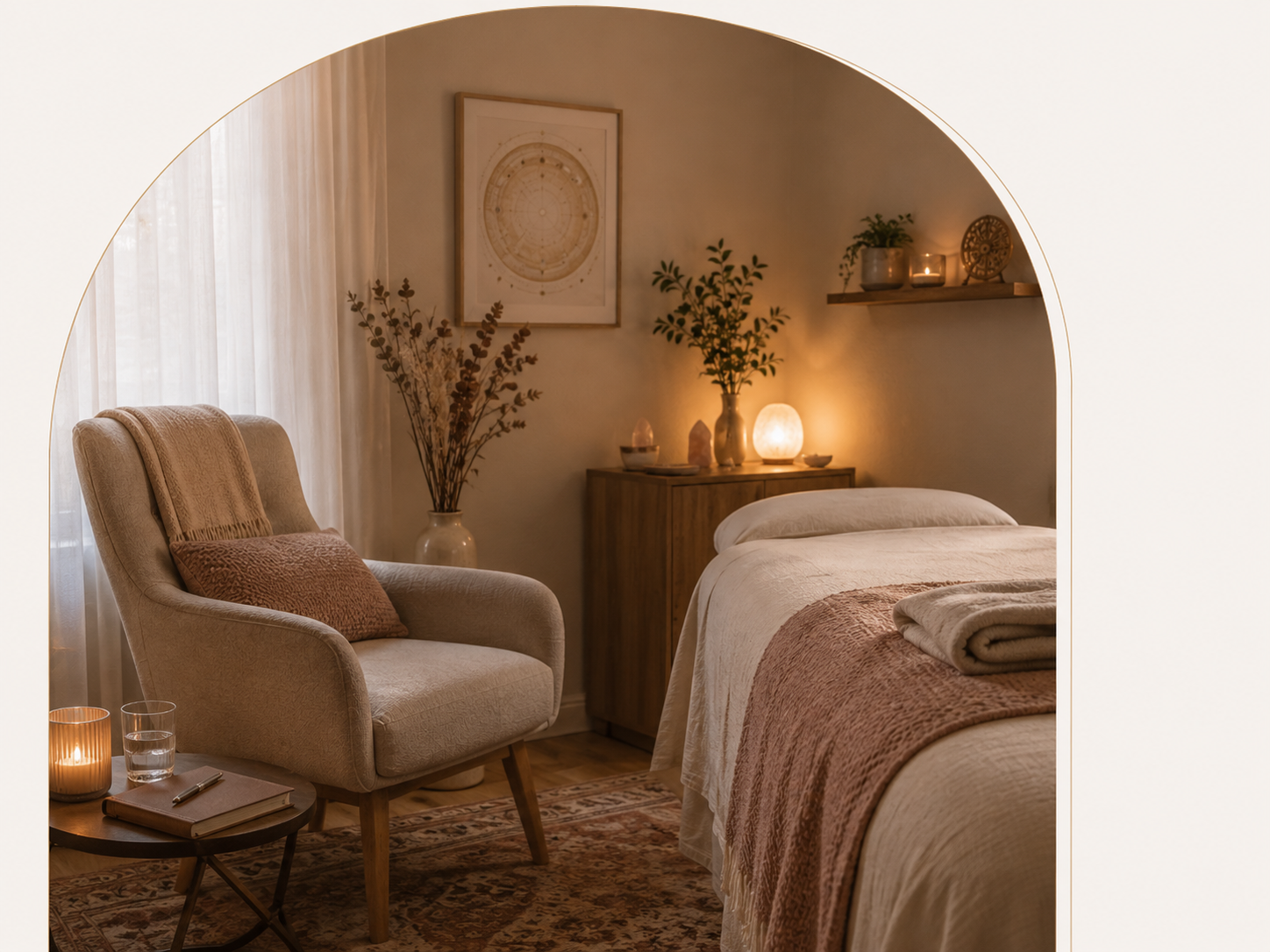 Cozy bedroom with a bed, armchair, side table, and warm lighting, decorated with plants, candles, and art.