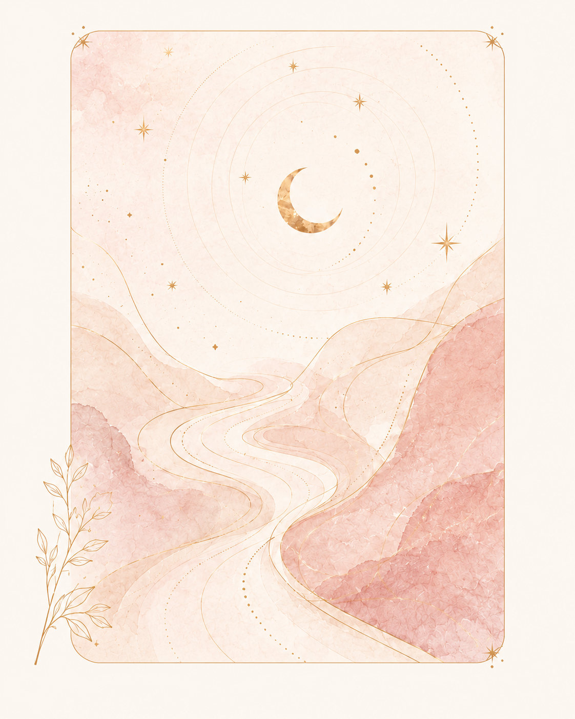 Artistic illustration of a crescent moon and stars in a pastel pink and beige landscape with flowing lines, mountains, and a branch in the foreground.