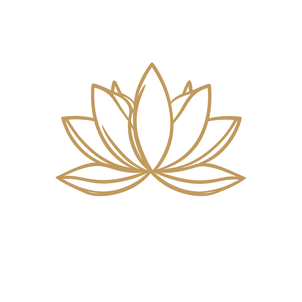 Gold outline of a lotus flower with the text 'Inner Peace' and 'Wellness Lounge' beneath it.