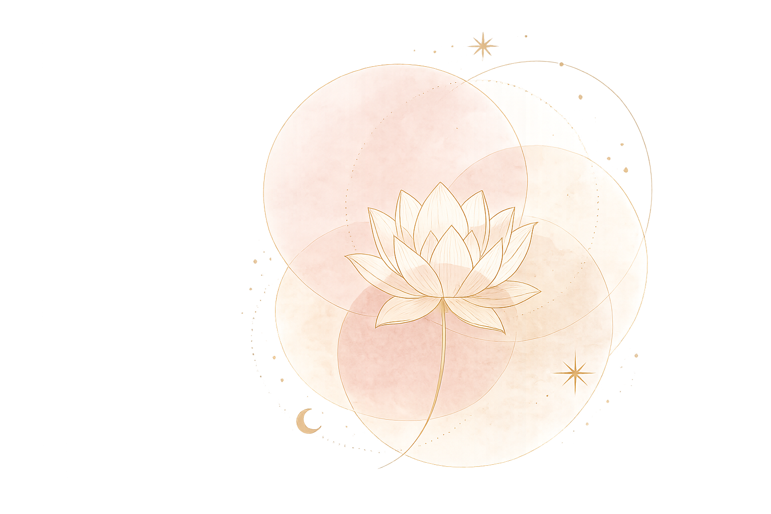 Minimalist illustration of a lotus flower with overlapping circles and star accents in soft pastel tones.